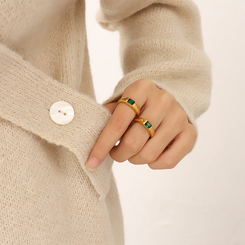 18K Gold PVD Stainless Steel Green Cubic Zirconia Ring