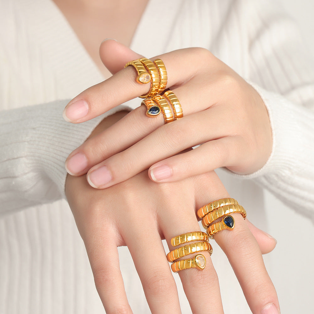 Stainless Steel Water Drop Shaped CZ Wrap Textured Cuff Ring