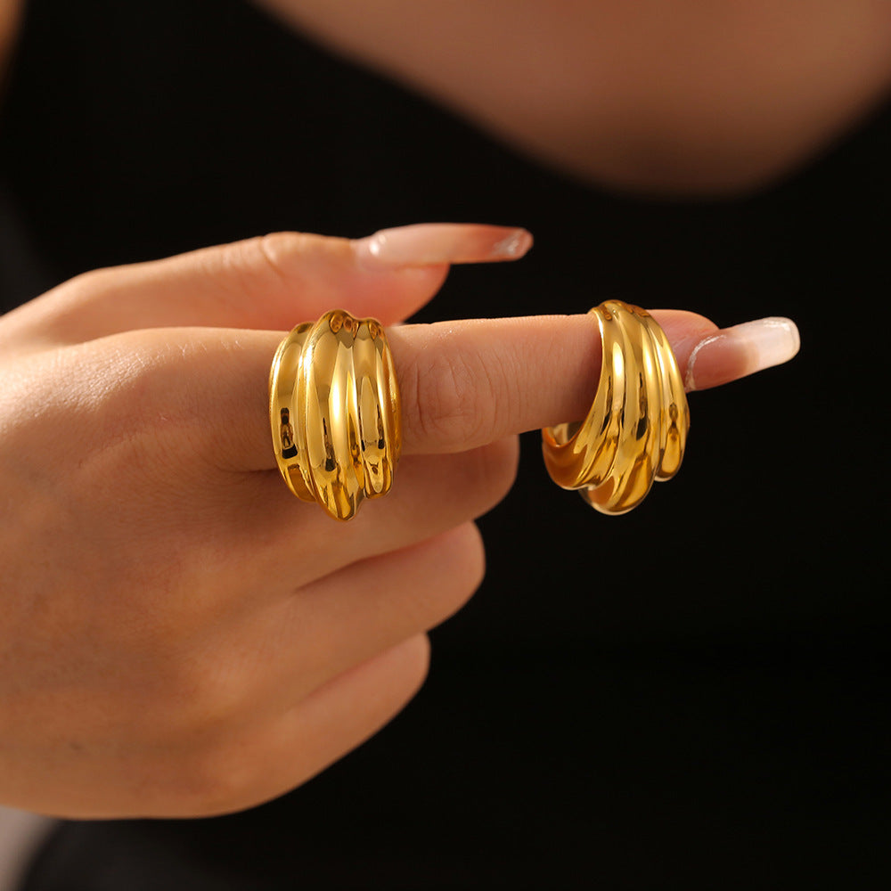 Stainless Steel Multi-Level Striped Water Drop Cuff Ring