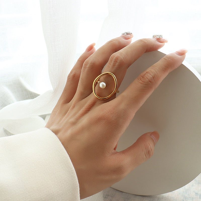 Stainless Steel Geometric Line Inlay Imitation Pearl Ring