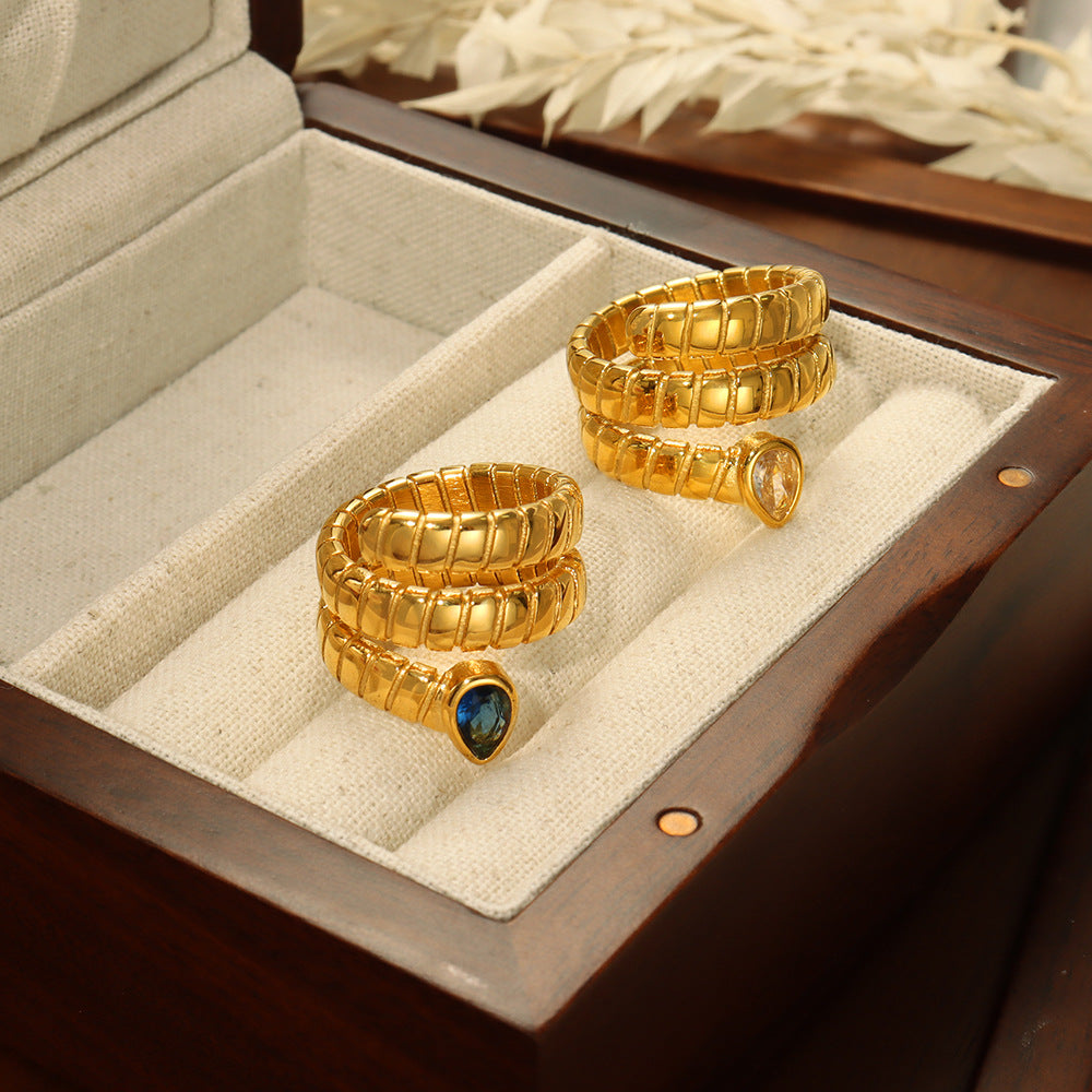 Stainless Steel Water Drop Shaped CZ Wrap Textured Cuff Ring