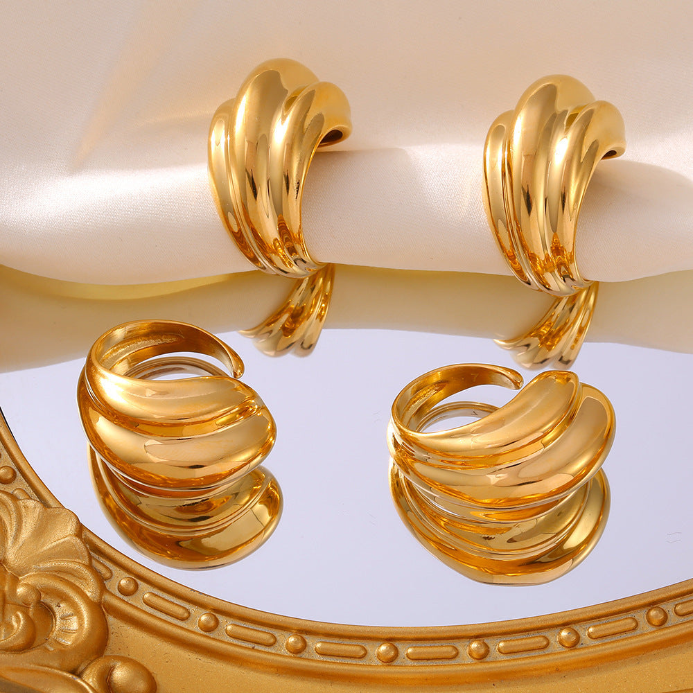 Stainless Steel Multi-Level Striped Water Drop Cuff Ring