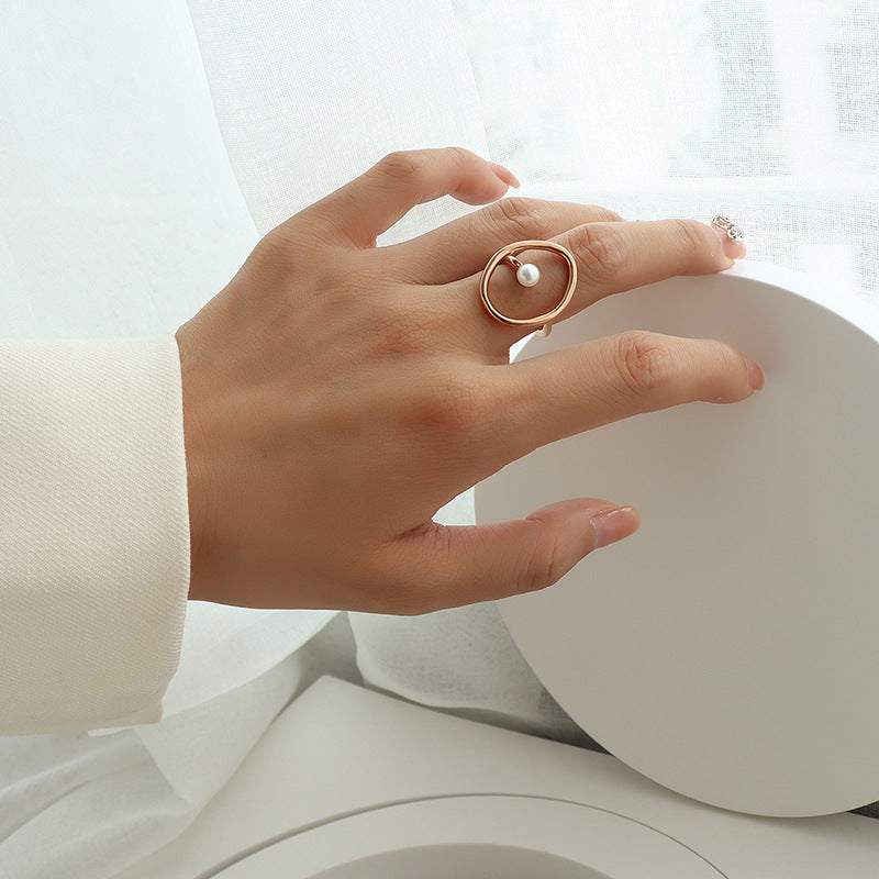 Stainless Steel Geometric Line Inlay Imitation Pearl Ring