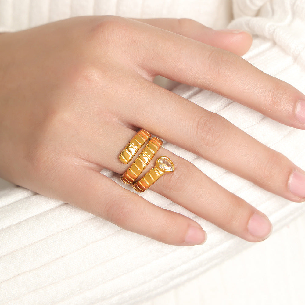 Stainless Steel Water Drop Shaped CZ Wrap Textured Cuff Ring