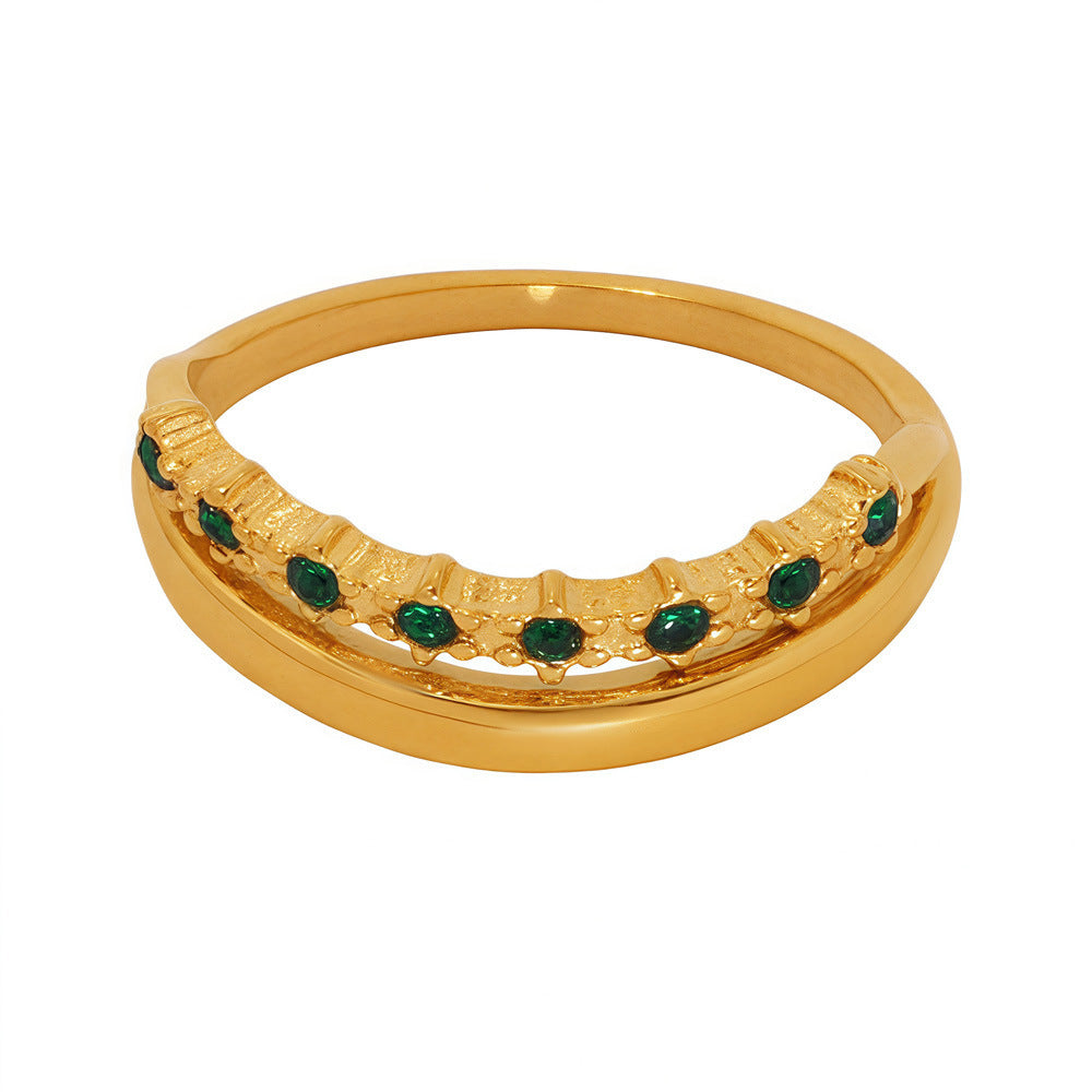 18K Gold PVD Stainless Steel Green Cubic Zirconia Ring