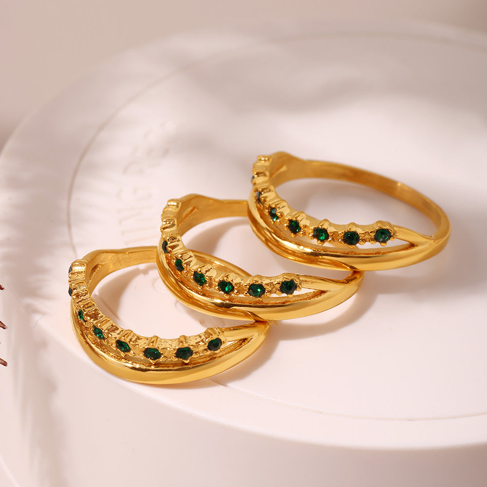 18K Gold PVD Stainless Steel Green Cubic Zirconia Ring