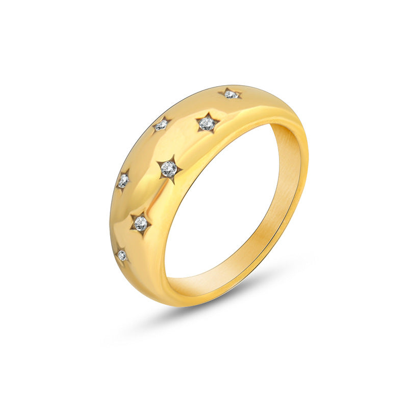 Stainless Steel Star Shape Grooved Inlay Cubic Zirconia Ring