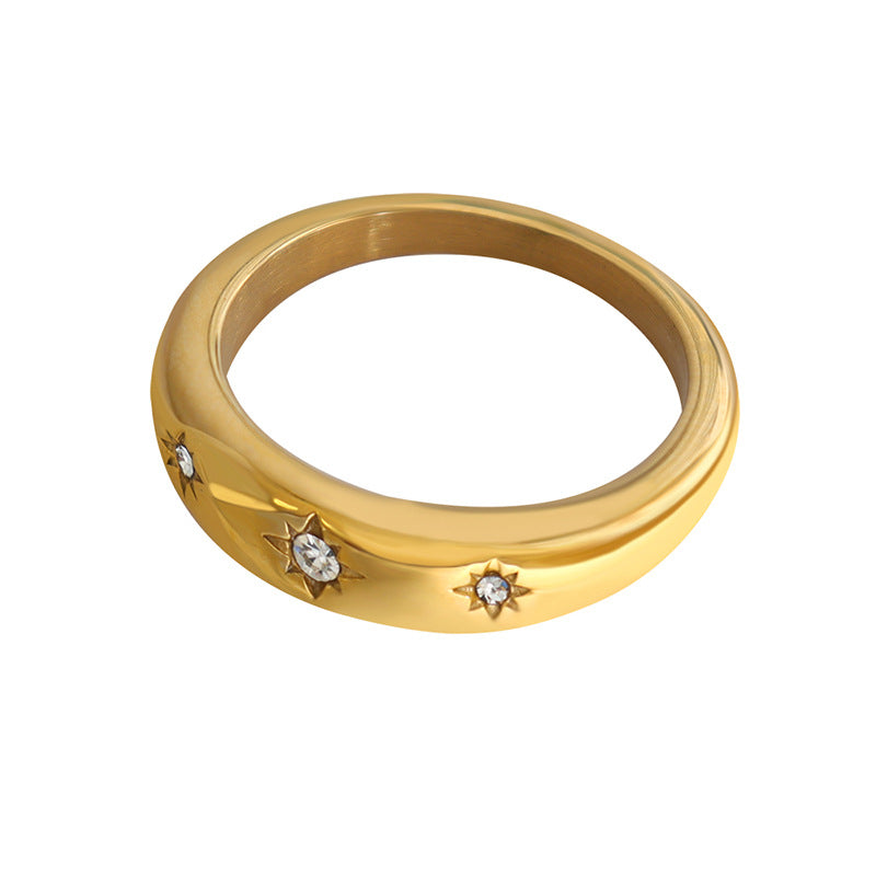 Stainless Steel Sun Shape Grooved Inlay Cubic Zirconia Ring