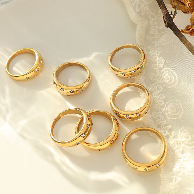 Stainless Steel Star Shape Grooved Inlay Cubic Zirconia Ring