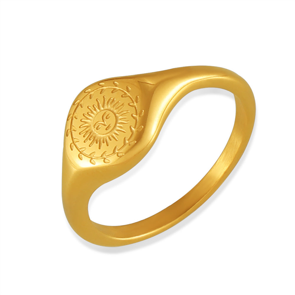 Stainless Steel Engraved Garland Sun Signet Ring