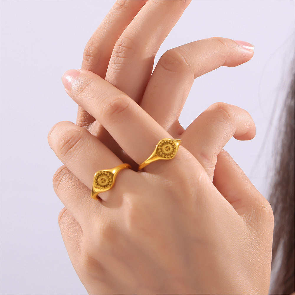 Stainless Steel Engraved Garland Sun Signet Ring