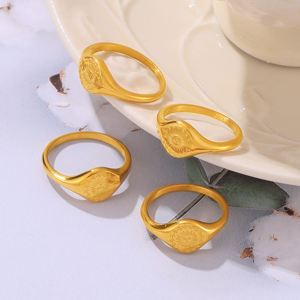 Stainless Steel Engraved Garland Sun Signet Ring