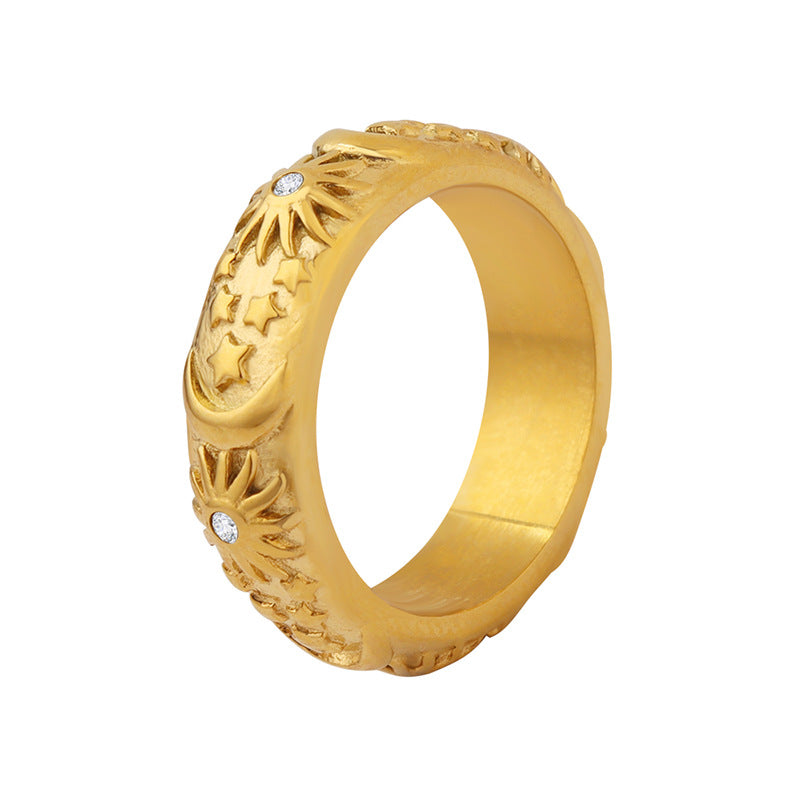Stainless Steel Cubic Zirconia Sun and Moon Pattern Ring