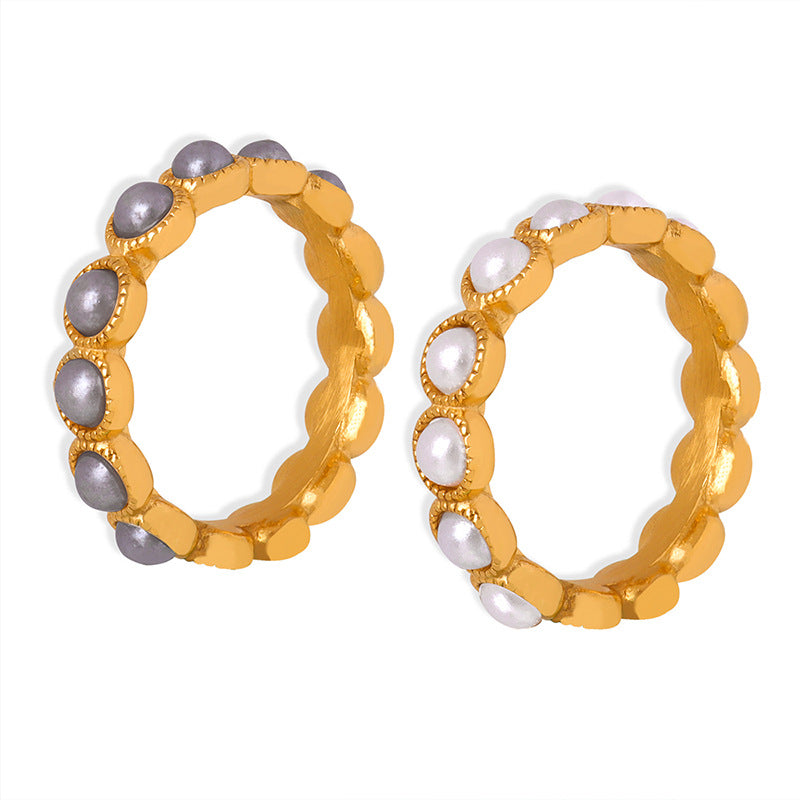 Stainless Steel Vintage Round Inlay Imitation Pearl Ring