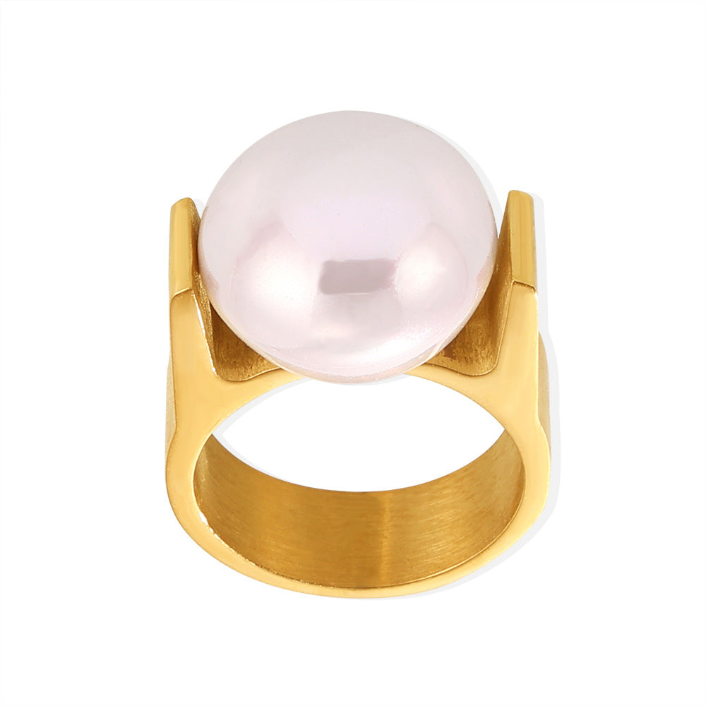 Stainless Steel 18K Gold PVD Large Imitation Pearl Ring