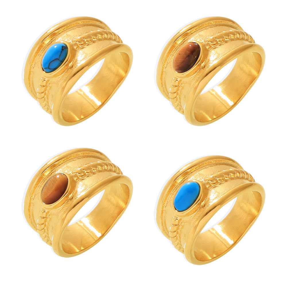 Stainless Steel Blue Turquoise Tiger Eye Stone Twist Pattern Ring