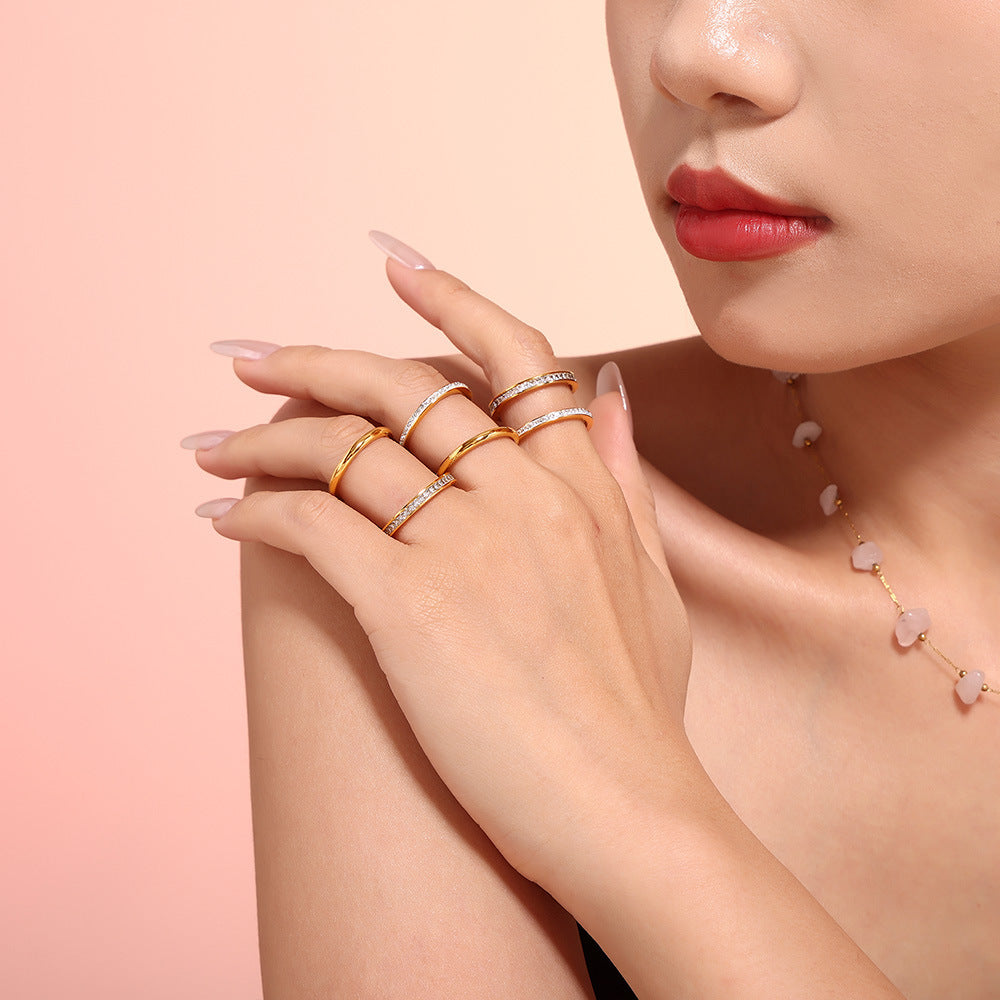 Stainless Steel Simple Stacking Czech Diamond Rhinestone Ring