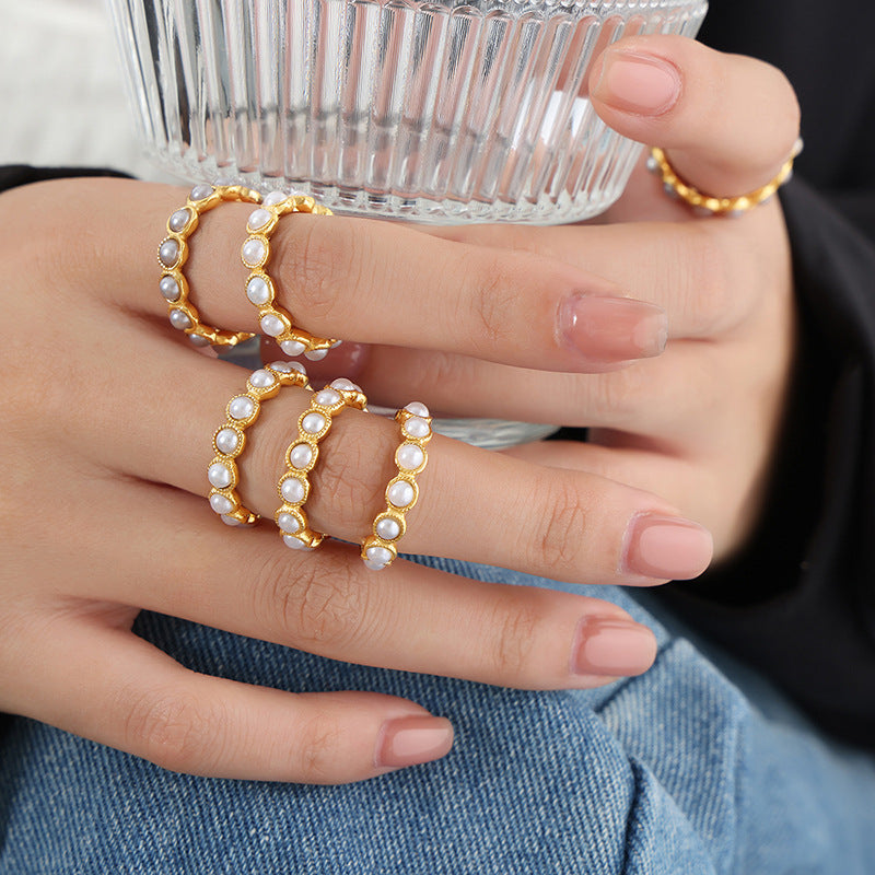 Stainless Steel Vintage Round Inlay Imitation Pearl Ring