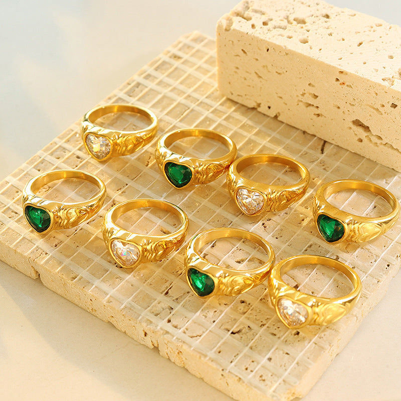 Heart Glass Stone Stainless Steel Ring