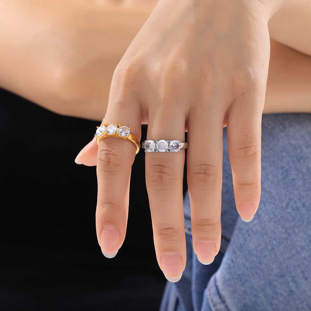 Stainless Steel Inlay with Three Cubic Zirconia Stones Ring