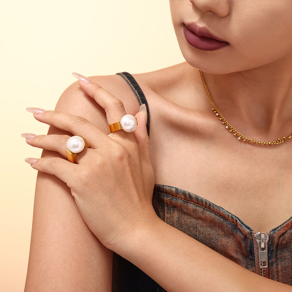 Stainless Steel 18K Gold PVD Large Imitation Pearl Ring