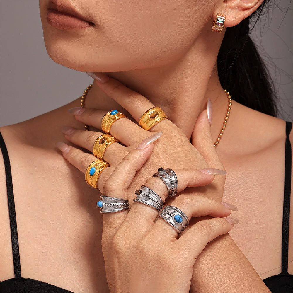 Stainless Steel Blue Turquoise Tiger Eye Stone Twist Pattern Ring