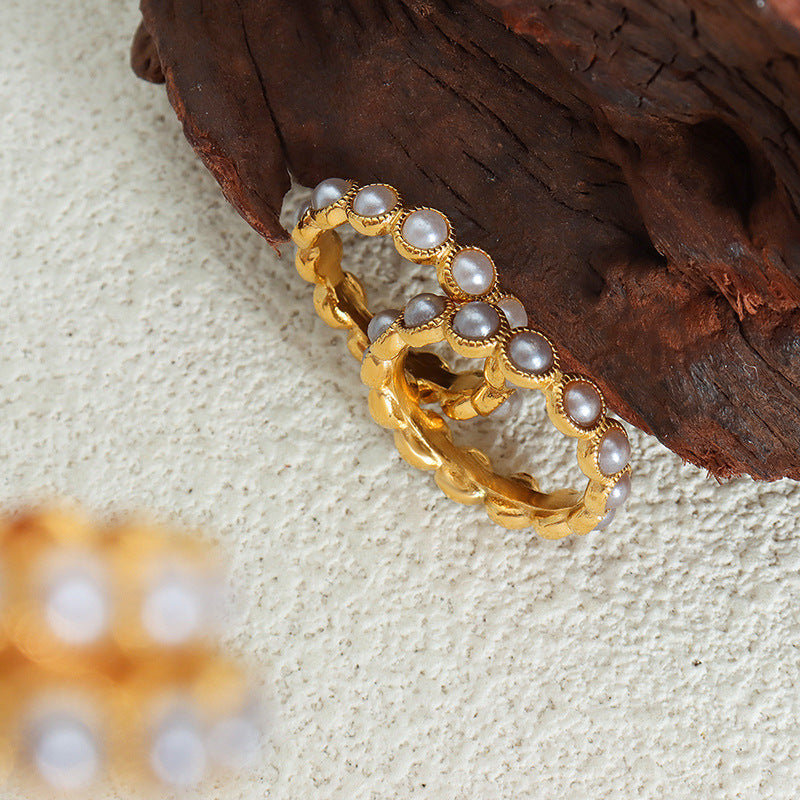 Stainless Steel Vintage Round Inlay Imitation Pearl Ring