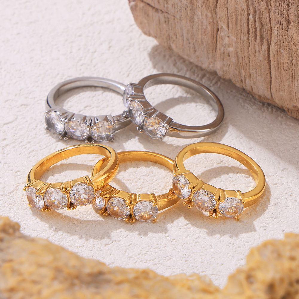 Stainless Steel Inlay with Three Cubic Zirconia Stones Ring