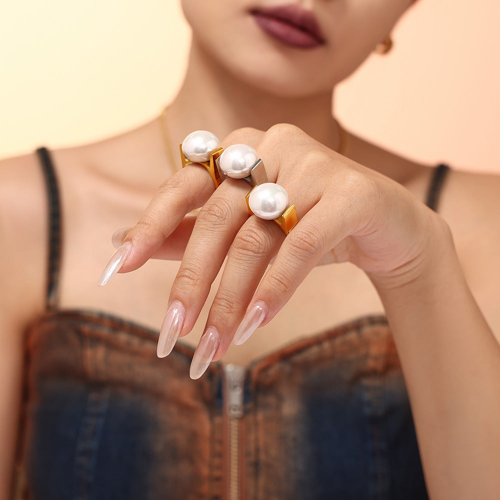 Stainless Steel 18K Gold PVD Large Imitation Pearl Ring
