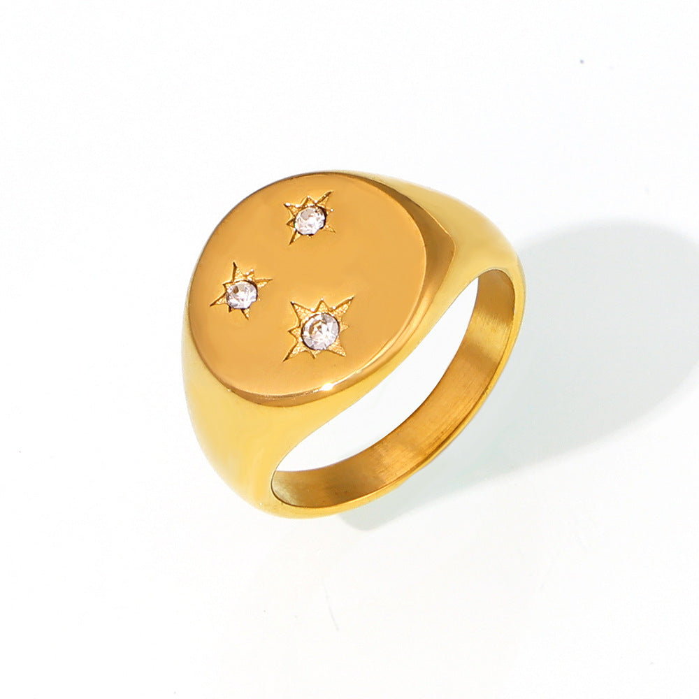 Stainless Steel Three Star Inlay Czech Diamond Signet Ring
