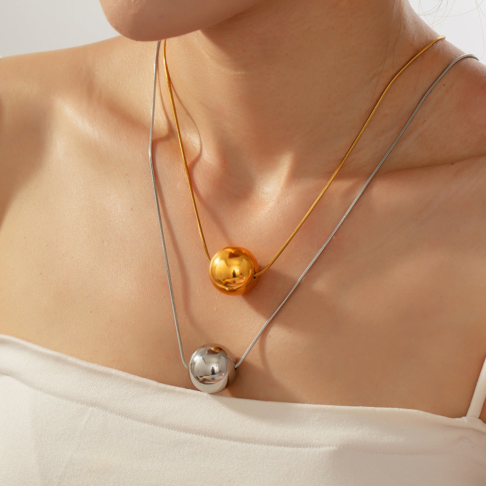 Stainless Steel Polished Round Bead Pendant Snake Chain Necklace
