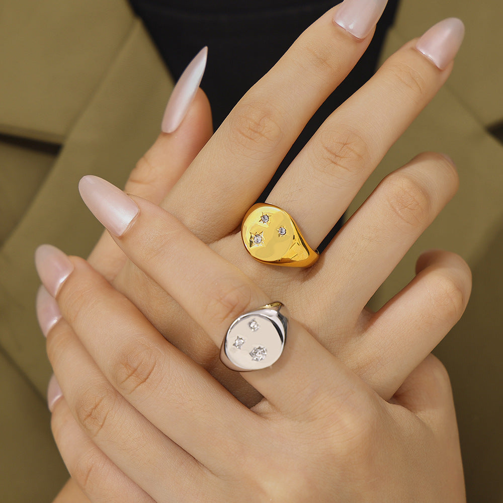 Stainless Steel Three Star Inlay Czech Diamond Signet Ring