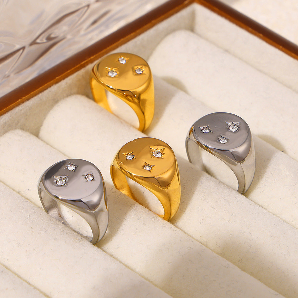 Stainless Steel Three Star Inlay Czech Diamond Signet Ring