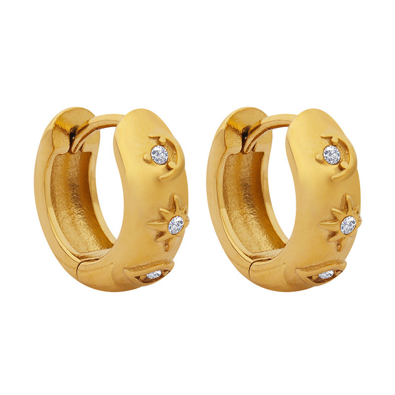 Stainless Steel Sun Moon Inlay Cubic Zirconia Huggie Earrings