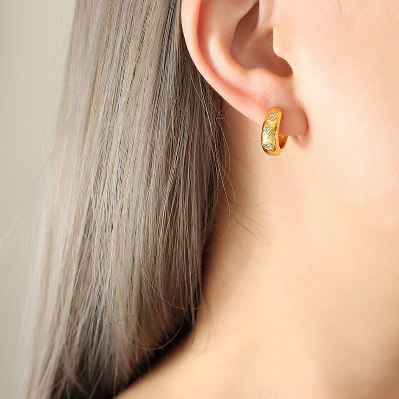 Stainless Steel Sun Moon Inlay Cubic Zirconia Huggie Earrings