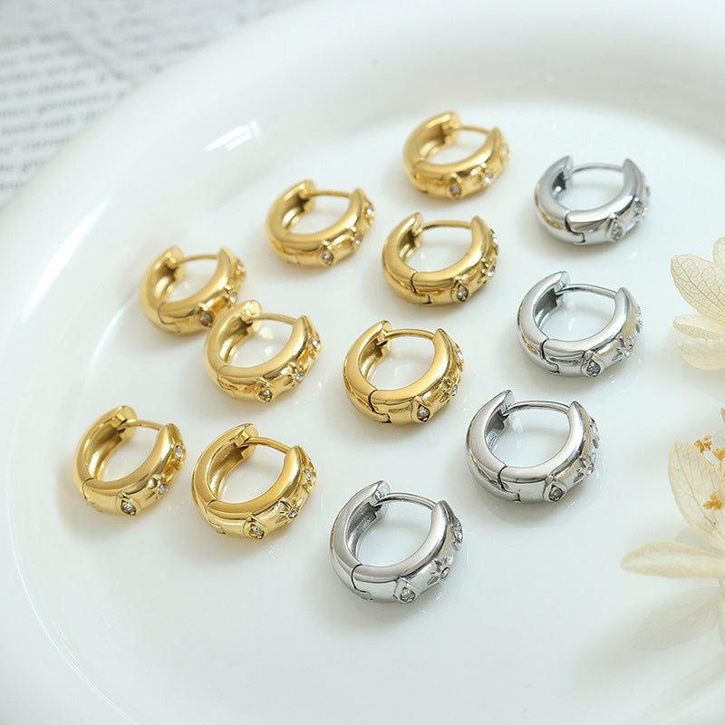 Stainless Steel Sun Moon Inlay Cubic Zirconia Huggie Earrings