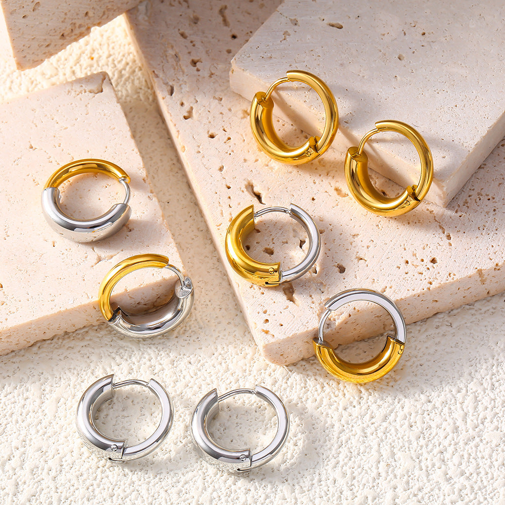 Stainless Steel Two-tone Stitching Huggie Earrings