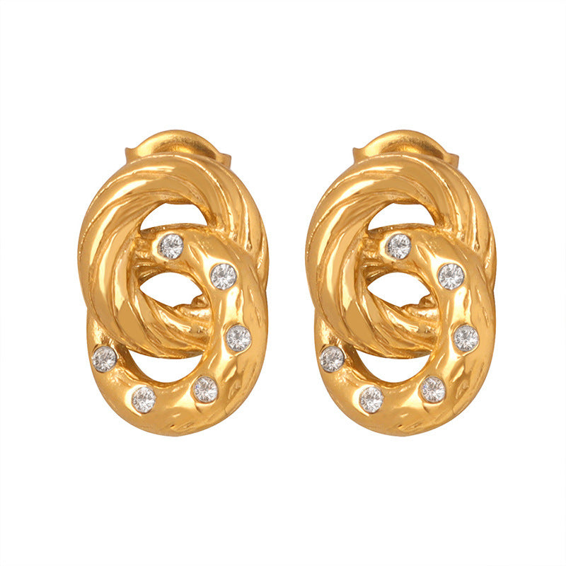 Stainless Steel Double Ring Inlay Crystal Stud Earrings