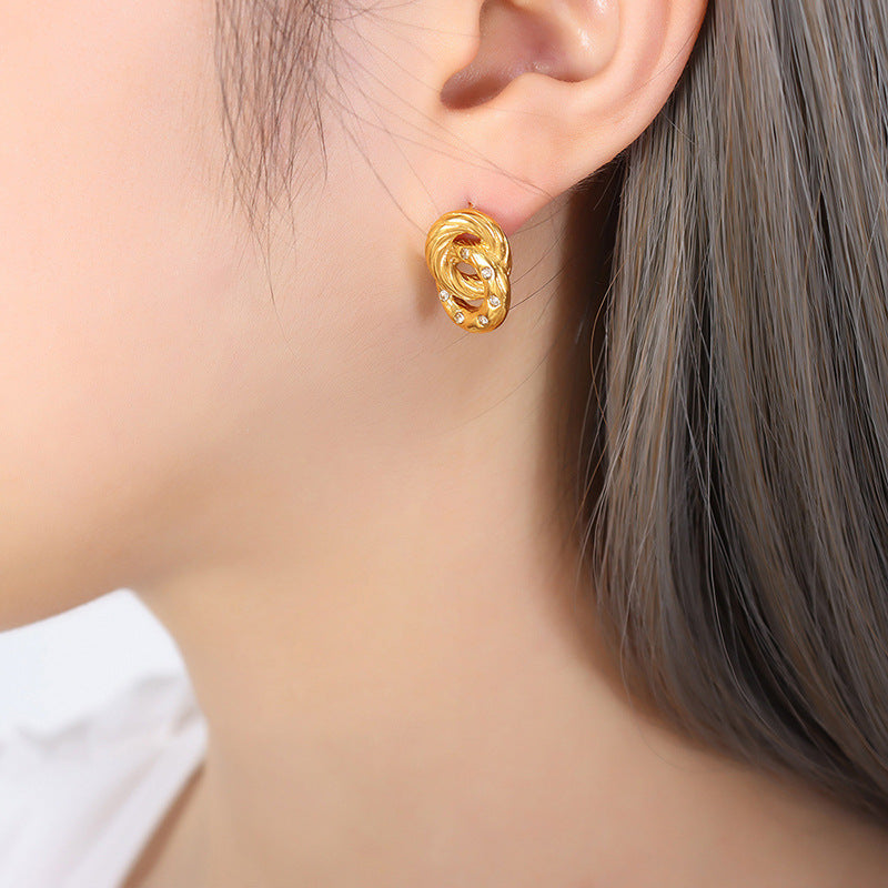 Stainless Steel Double Ring Inlay Crystal Stud Earrings