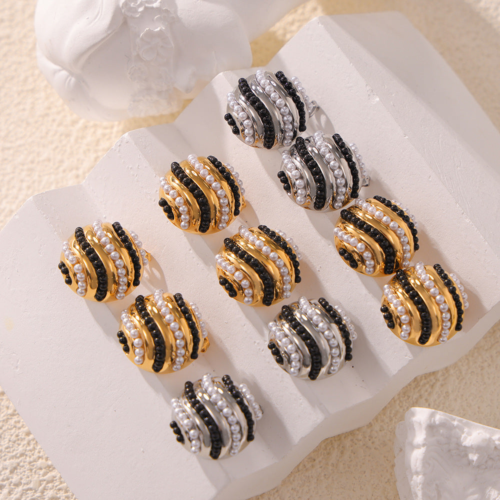 Stainless Steel Round Inlay Black White Beads Stud Earrings