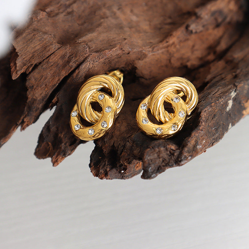 Stainless Steel Double Ring Inlay Crystal Stud Earrings