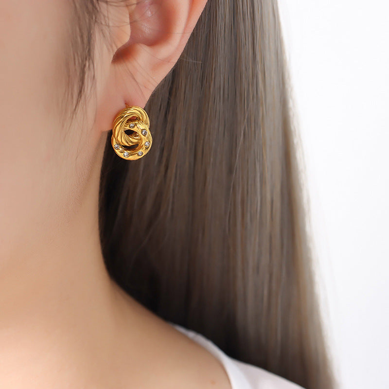 Stainless Steel Double Ring Inlay Crystal Stud Earrings