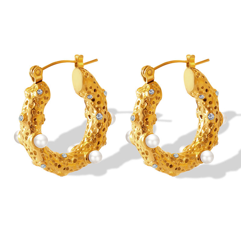 Stainless Steel Concave and Convex Textured Inlay Imitation Pearl CZ Hoop Earrings