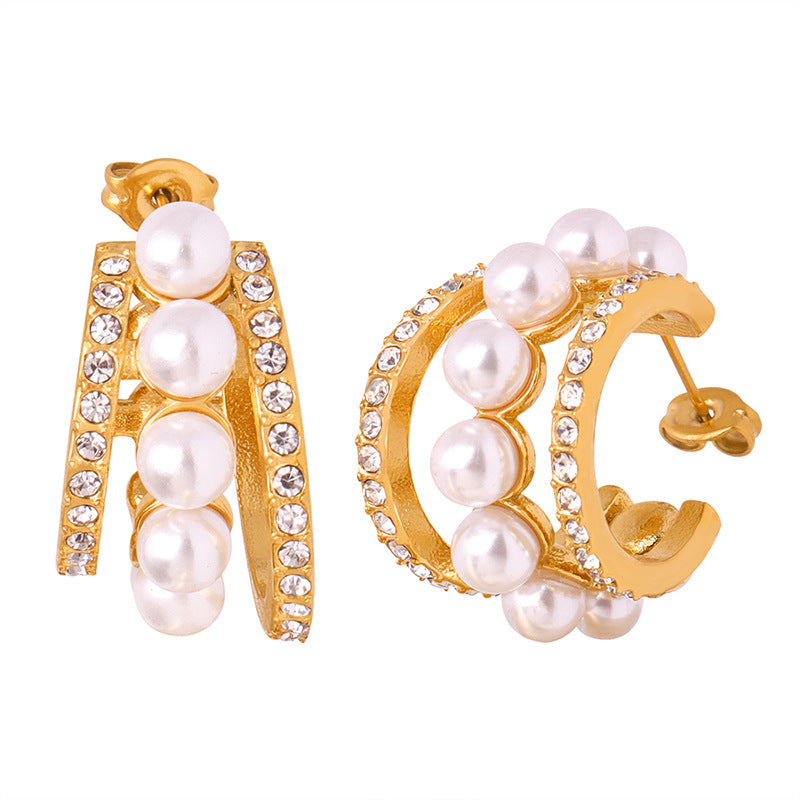 Stainless Steel Double Row Inlay Czech Diamond Pearl Hoop Earrings