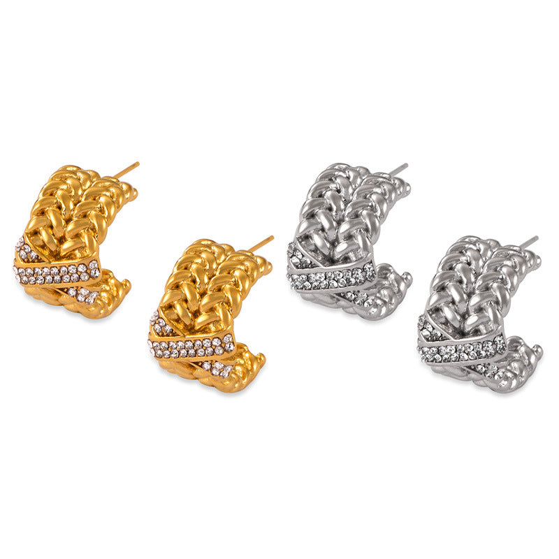 Stainless Steel Multi-layer Chain Stitching X-shaped Inlay Czech Diamond Hoop Earrings