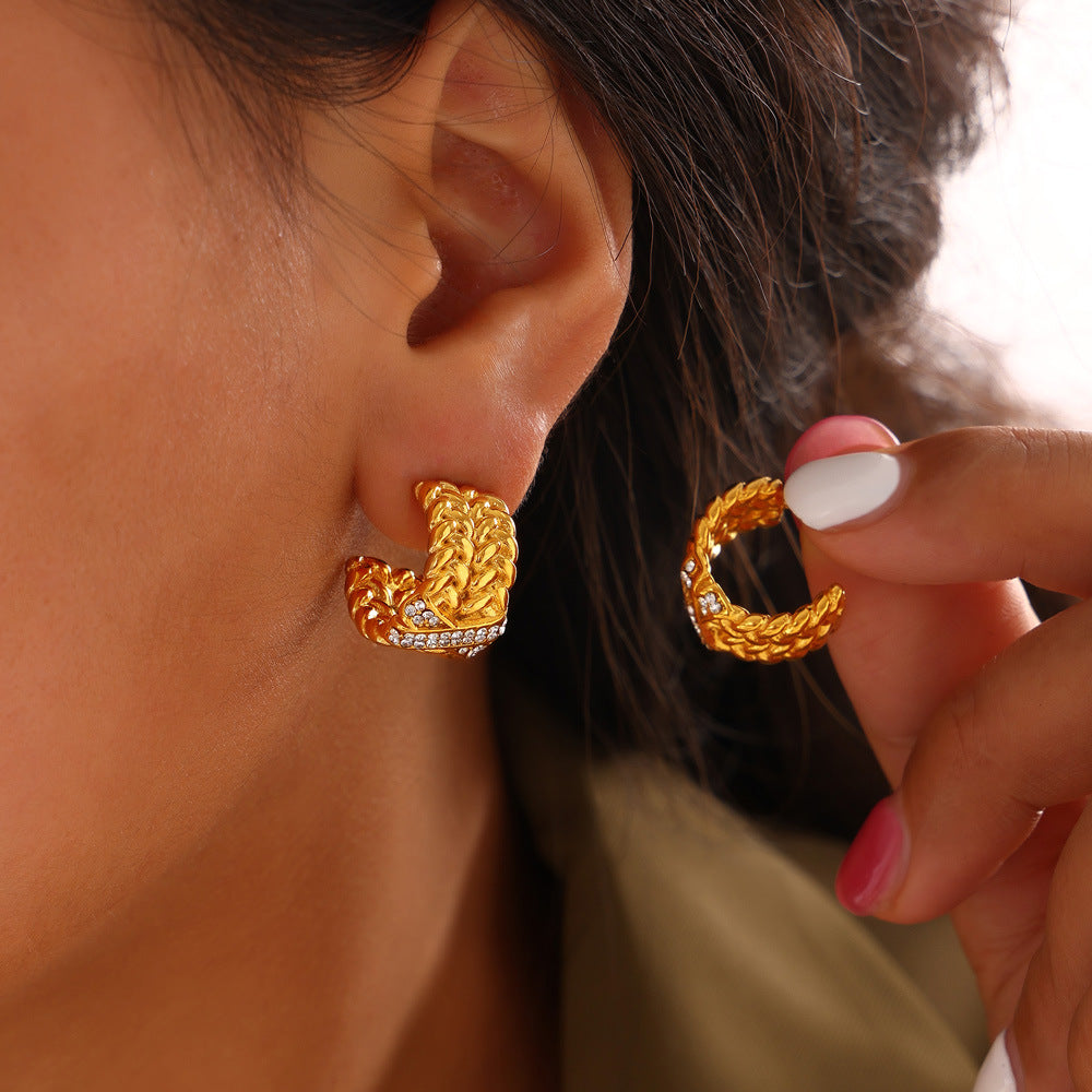 Stainless Steel Multi-layer Chain Stitching X-shaped Inlay Czech Diamond Hoop Earrings