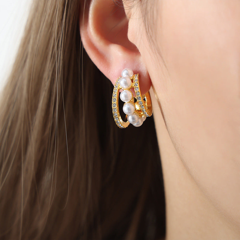 Stainless Steel Double Row Inlay Czech Diamond Pearl Hoop Earrings