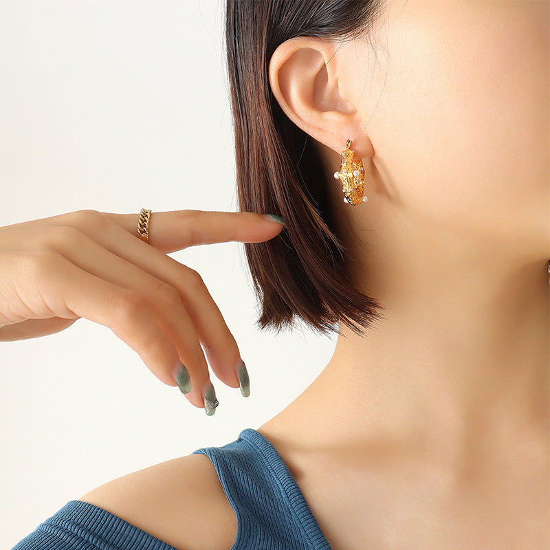 Stainless Steel Concave and Convex Textured Inlay Imitation Pearl CZ Hoop Earrings