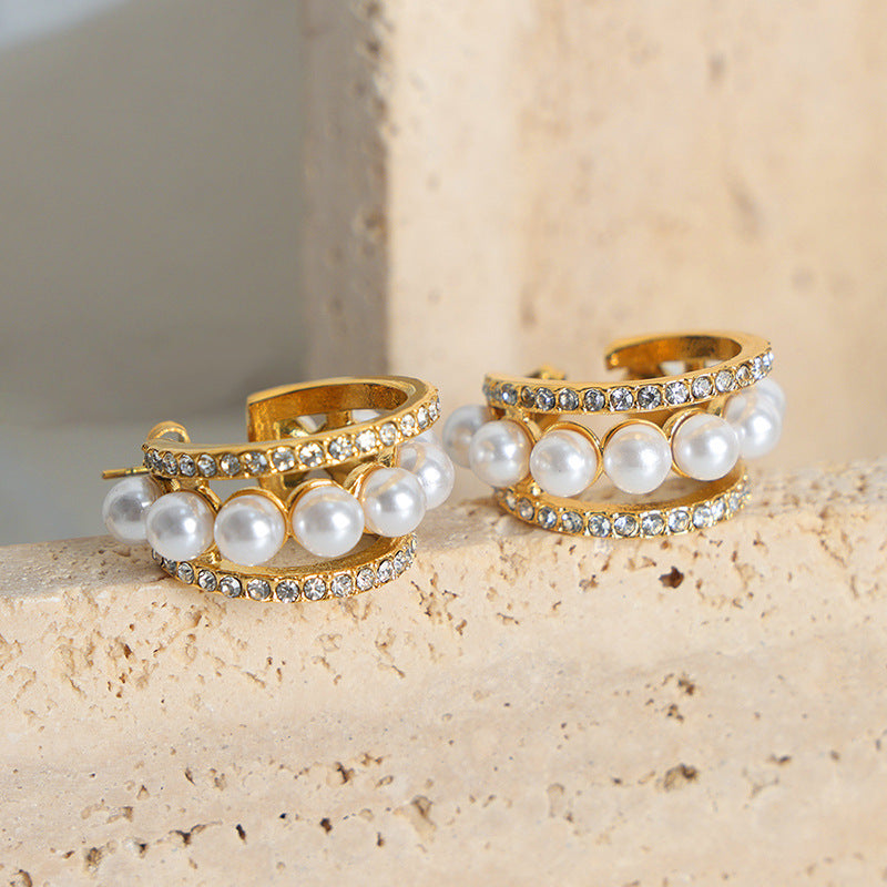 Stainless Steel Double Row Inlay Czech Diamond Pearl Hoop Earrings