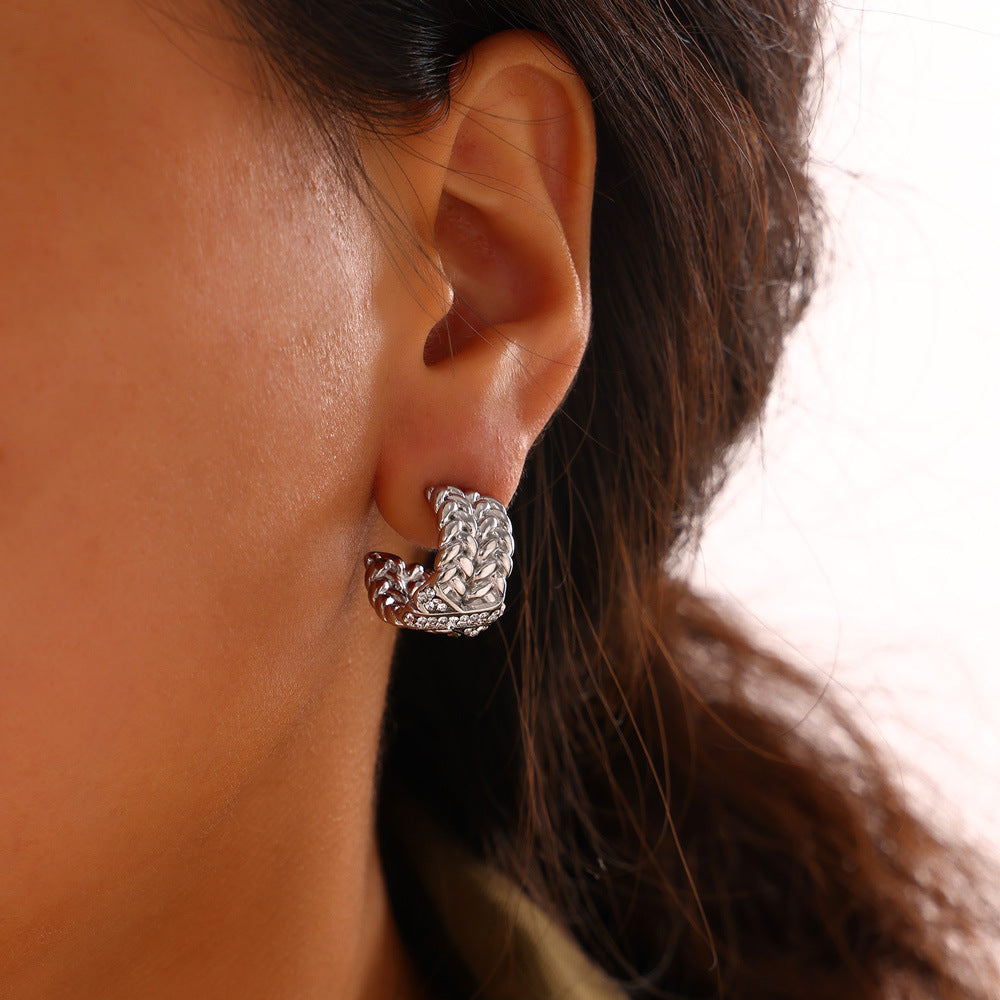 Stainless Steel Multi-layer Chain Stitching X-shaped Inlay Czech Diamond Hoop Earrings